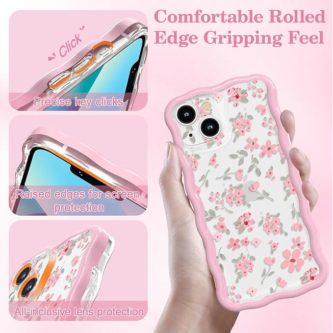 QLTYPRI for iPhone 15 Pink Flower Case, Clear Cute Pink Floral Flower Phone Case Curly Wavy Aesthetic Phone Cover, Soft Slim Transparent TPU Shockproof Protective Cover for Women Girls - Pink - Image 3