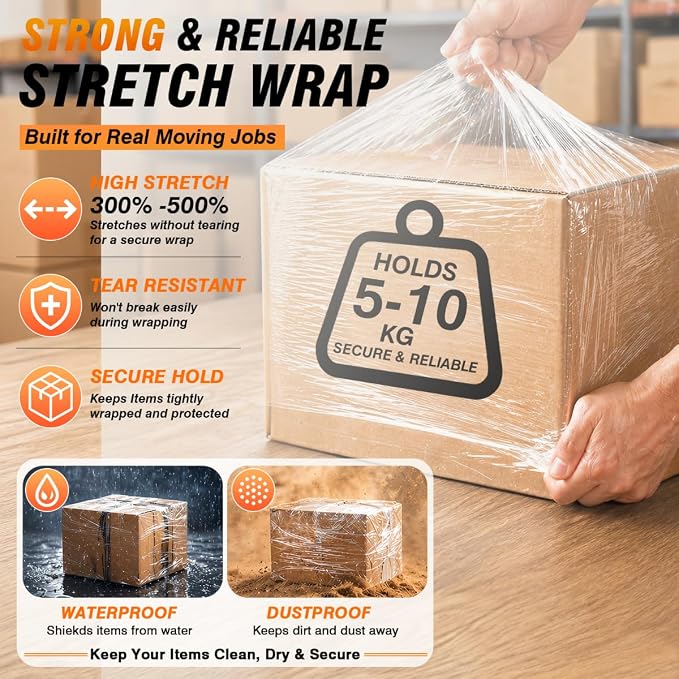 Stretch Film Shrink Wrap Large Item Kit (5"+18") x 1000 Ft for Moving Supplies, Heavy Duty Plastic Wrap Stretch Roll for Moving Boxes Toys Books Shipping Pallet Wrapping Furniture with Handles, Clear - Image 2