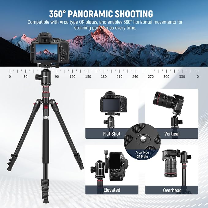 NEEWER 77" Camera Tripod Monopod with Cell Phone Holder Compatible with iPhone for Video Recording, Compact Aluminum Travel Stand with Ball Head QR Plate Bag Cleaning Cloth, Max Load 34lb, TP77 - Image 4