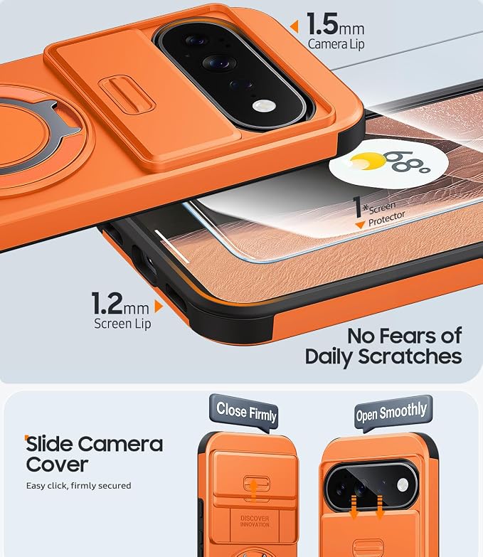 JAME for Google Pixel 10 Pro XL/11 Pro XL Case, Stand & Slide Camera Cover | Ring Holder Kickstand, Screen Protectors, Dual-Layer Shockproof Protective, Magnetic Accessory Friendly Phone Case, Orange - Image 5