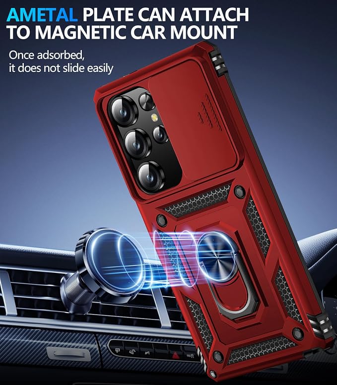 Taisairu for Samsung Galaxy S25 Ultra Case with Screen Protector & Slide Camera Lens Cover, Built-in Magnetic Ring Stand Shockproof Protective Phone Case for Samsung S25 Ultra Case (Red) - Image 5