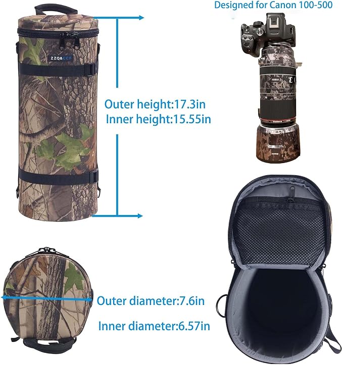 ZZQ&CCF Camera Lens Pouch Bag for Canon RF100-500mm F4.5-7.1 L is USM Lens, Large Thick Lens Carry Bag, Water Resistant Protective Case for Super-telephoto Zoom #Leaf - Image 2