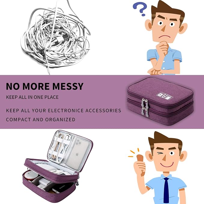 Mygreen Electronic Accessories Organizer Bag, Waterproof Double Layer Travel Storage Case with Adjustable Padded Dividers, Portable Hard Pouch for Cables, Charger, Power Bank, Phone, Hard Drive Purple - Image 2