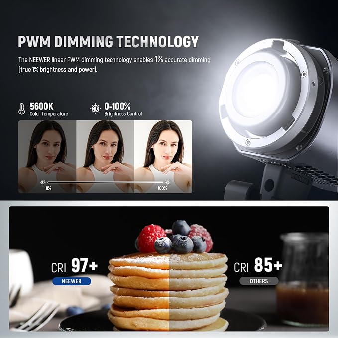 NEEWER MS150 LED Video Light with 2.4G/APP Control, 130W 5600K Studio Daylight Mini COB Continuous Output Lighting, 66800lux/1m, CRI 97+/TLCI 98+, 9 Effects, 0-100% PWM Dimming, Bowens Mount Adapter - Image 4