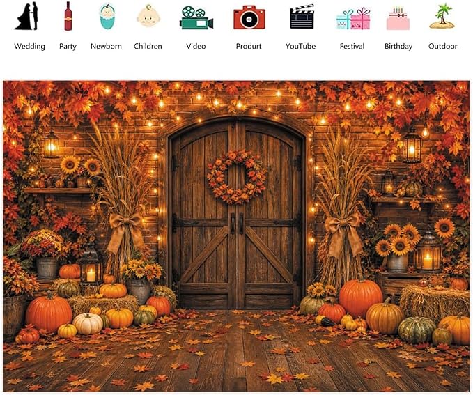 Rustic Barn Wooden Door Fall Backdrop 12x8ft Brick Wall Maple Leaf String Light Thanksgiving Background Pumpkin Sunflower Haystack Harvest Autumn Famliy Party Decorations Vinyl - Image 2