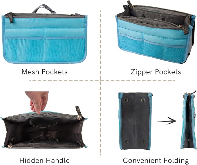 Vercord Purse Organizer Insert for Handbags Bag Organizers Inside Tote Pocketbook Women Nurse Nylon 13 Pockets Blue Medium - Image 5