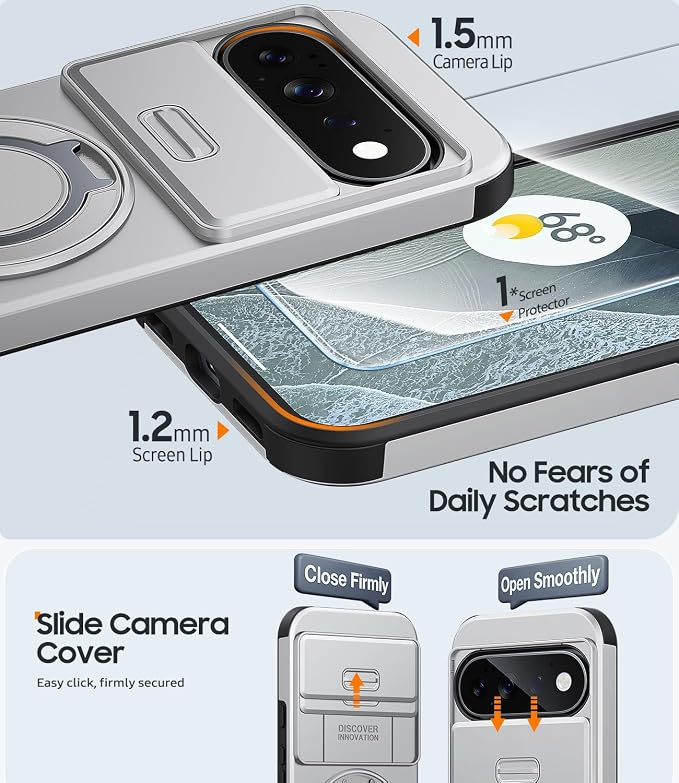 JAME for Google Pixel 10/10 Pro/11/11 Pro Case, Stand & Slide Camera Cover | Ring Holder Kickstand, Screen Protectors, Dual-Layer Shockproof Protective, Magnetic Accessory Friendly Phone Case, Silver - Image 5