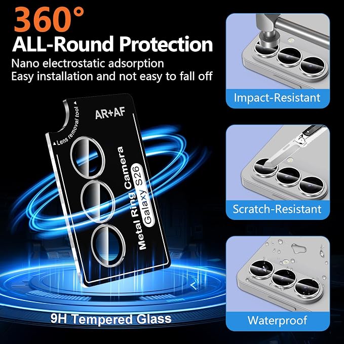 for Samsung Galaxy S26 Camera Lens Protector, Individual Metal Ring Tempered Glass Lens Cover, [Strong Adsorption] Scratch Resistant Ultra-Thin HD Clear Lens Cover, 1 Set-Titanium Gray Ring - Image 2