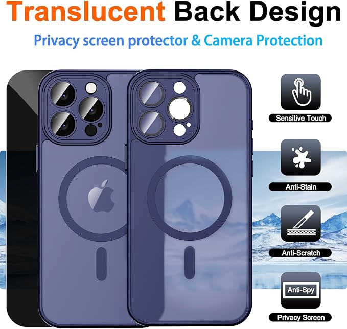 for iPhone 16 Pro Case with Privacy Screen Protector, Blue | Full Camera Protection, Matte Translucent, Magnetic, Compatible with MagSafe, Shockproof Phone Cover for iPhone 16 Pro - Image 2