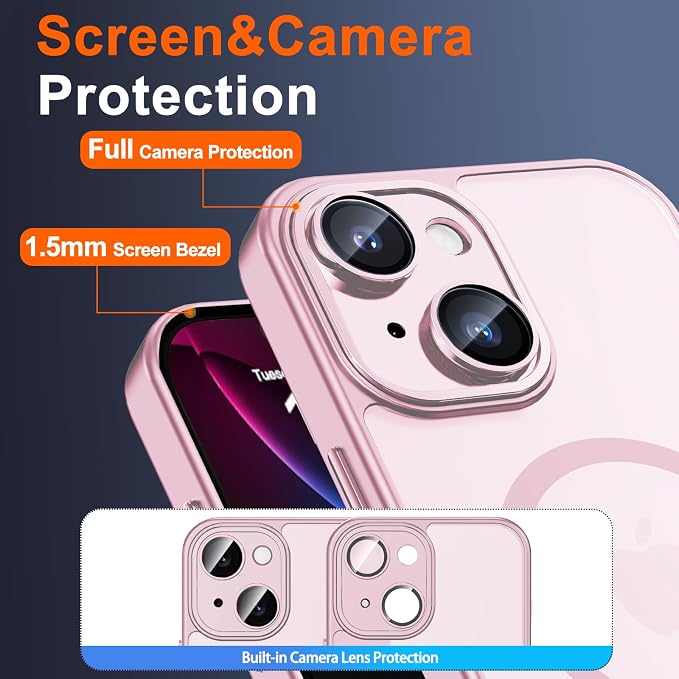 for iPhone 14 Plus Case with Privacy Screen Protector, Pink | Full Camera Protection, Translucent Matte Magnetic, Compatible with MagSafe, Shockproof Phone Cover, Slim Fit Women/Girls - Image 6