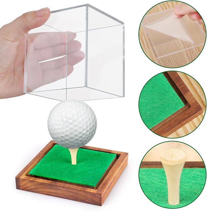 Clear Acrylic Golf Ball Display Case with Wood Base & Tee, Memorabilia Stand Cube Holder, Dust Protection Transparent Storage Box for Single Ball Souvenir Golfball Collections - Image 6