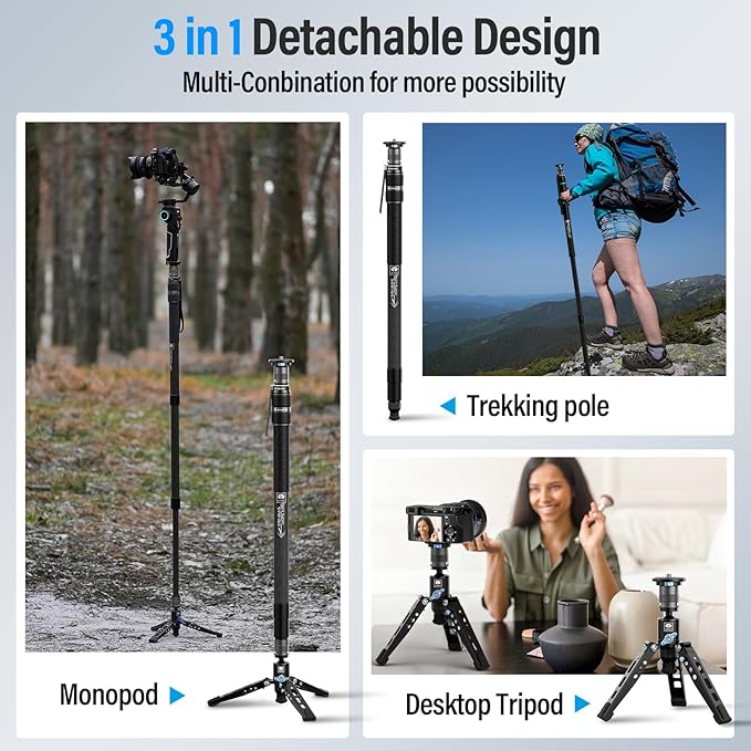 SIRUI SVM-165 Carbon Fiber Camera Monopod with Feet, 68.7" Professional Lightweight Travel Monopod with Fluid Video Head for DSLR Camera, One-Step Height Adjustment, Modular, Max Load 22lbs - Image 4