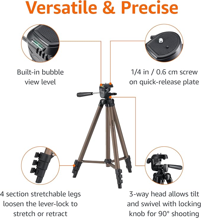 Amazon Basics 50-inch Lightweight Portable Camera Tripod Stand with Quick-Release Plate, Adjustable Height, Aluminum, for Travel Photography, Champagne - Image 2