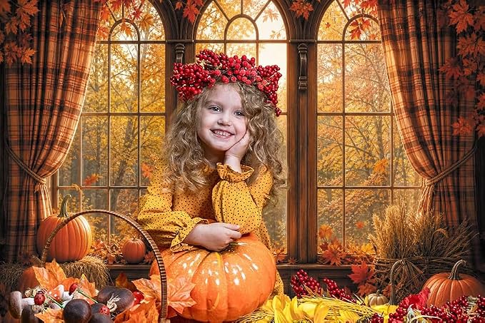 Autumn Fall Window Backdrop 8x8ft Rustic Wooden Arched Window with Pumpkin Maple Leaves Thanksgiving Harvest Photo Background for Party Decor Portrait Photography Booth Props Vinyl - Image 5