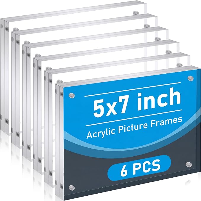 Kigley 6 Pcs 5 x 7 Inch Acrylic Picture Frames, Clear Acrylic Photo Business Card Frame Desktop Display Double Sided Wallet Size Frame Freestanding Frames for Film Photos Cards Stamp by Kigley
