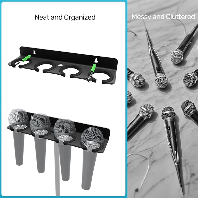 2-Set Wall Mounted Multi Mic Holder, Organizer for 8 Handheld Mics, Metal | Compatible with 5/8 & 3/8 Thread Stand, with Rubber Pad, Wired/Wireless Mic Storage for Church/Stage/Podcast Setup, 2 Pack - Image 3