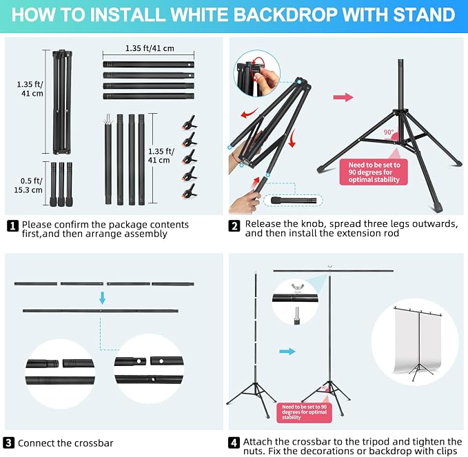 White Backdrop with Stand for Photoshoot, 5X6.5ft White Photo Backdrop with T Shape Background Backdrop Stand for Photography, Portable Photo Backdrop Curtain Stand Kit w Carrying Bag 5 Spring Clamps - Image 7