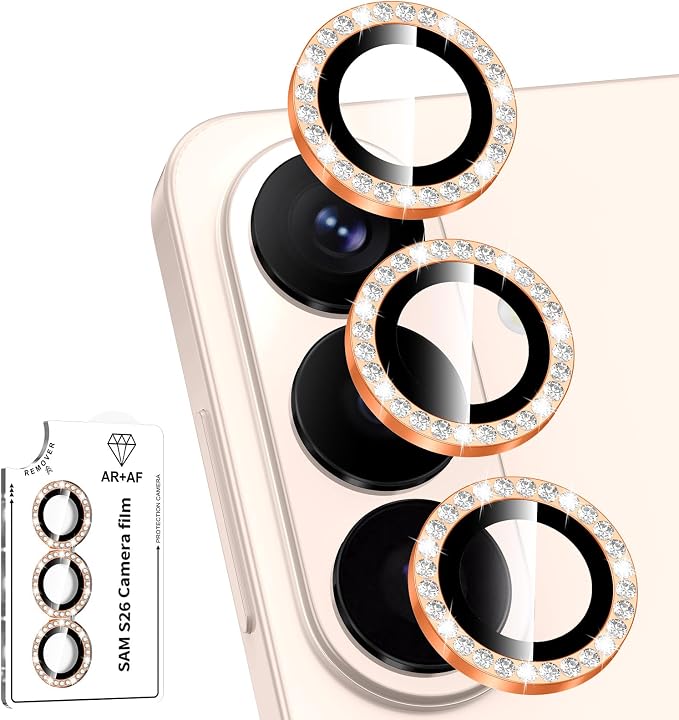 for Samsung Galaxy S26 Camera Lens Protector, Individual Metal Ring Tempered Glass Lens Cover, [Strong Adsorption] Scratch Resistant Ultra-Thin HD Clear Lens Cover, 1 Set-Orange Diamond by Btscase
