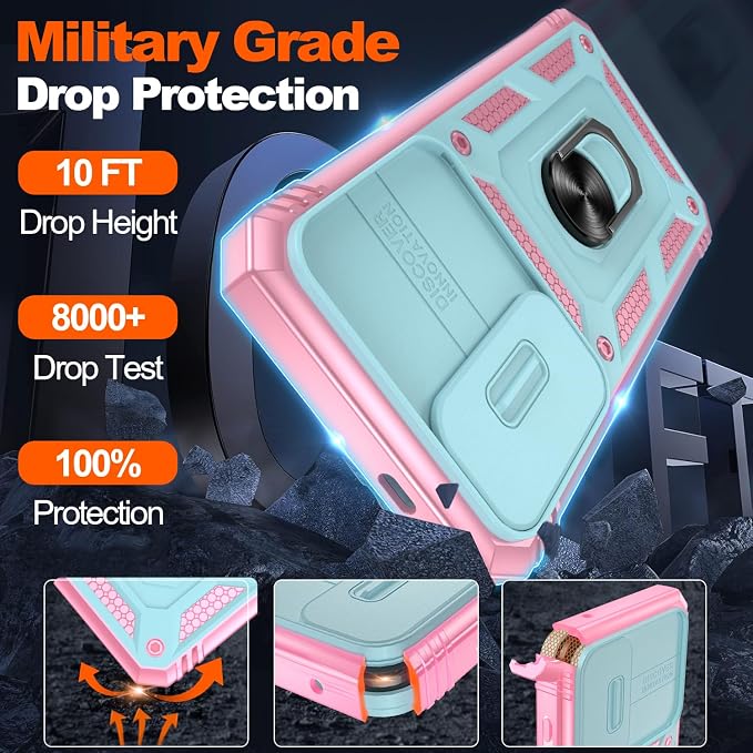 Gritup Fit for Samsung Galaxy S25 Plus Phone Case with Slide Camera Cover | 2 Pack Screen Protector, Build in 360° Rotating Ring Kickstand, Military Grade Shockproof Protective Phone Case, Green+Pink - Image 3