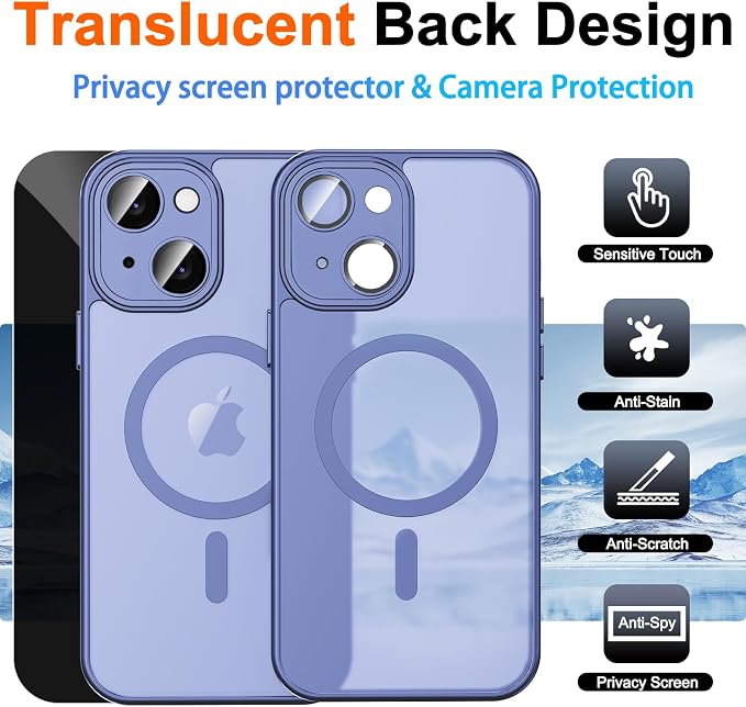 for iPhone 15 Plus Case with Privacy Screen Protector, Light Blue | Full Camera Protection, Translucent Matte Magnetic, Compatible with MagSafe, Shockproof Phone Cover, Slim Fit - Image 2