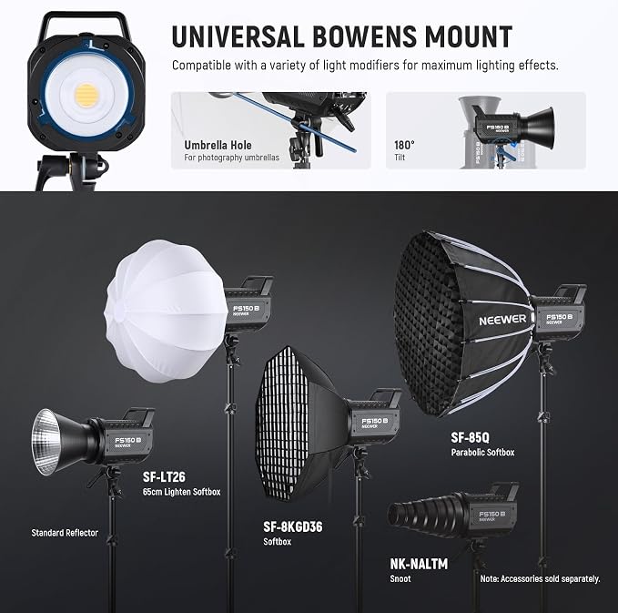 NEEWER FS150B LED Video Light 2.4G/APP Control,130W Bi Color COB Silent Photography Continuous Output Lighting with 4 Types Precise Dimming, 72000lux/1m, 2700K-6500K, CRI 97+,12 Effects, Bowens Mount - Image 9