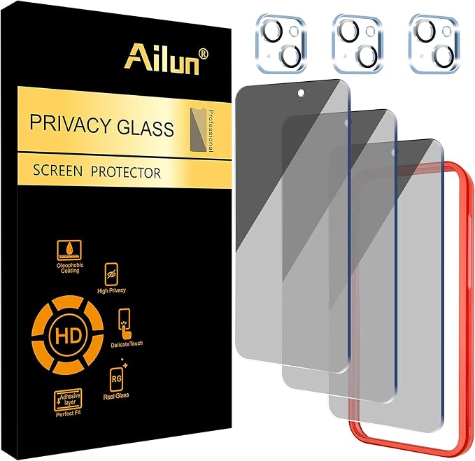 Ailun Privacy Screen Protector+Camera Lens Protector for iPhone 15 | 3+3 Pack, 6.1 inch, Installation Frame, Anti Spy Private Tempered Glass Film, Case Friendly, HD by Ailun
