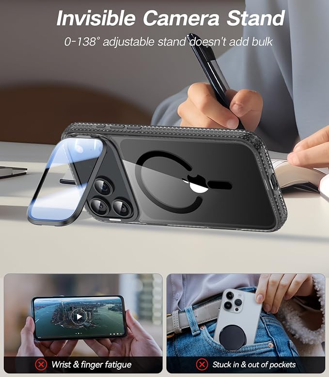 VOFATA [Upgraded Full Camera Protection] for iPhone 17 Pro Max Case with Camera Cover Stand [Fit for MagSafe][10FT Mil-Grade Protection] Transparent Magnetic iPhone 17 Pro Max Phone Case, Clear Black - Image 4