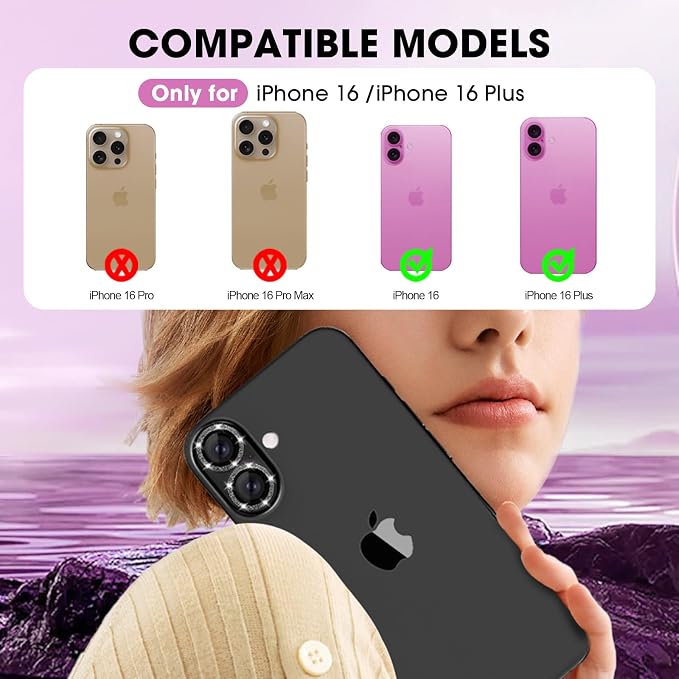 for iPhone 16/16 Plus Camera Lens Protector Bling Glitter, Black | Individual Metal, 9H Hardness, Scratch Resistant, Shockproof, Drop Protection, Case Friendly, Stylish Accessories - Image 2