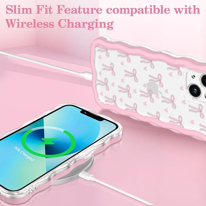 QLTYPRI for iPhone 14 Pink Bow Case, Clear Cute Pink Ribbon Bow Phone Case Curly Wavy Aesthetic Phone Cover, Soft Slim Transparent TPU Shockproof Protective Cover for Women Girls - Love Bow - Image 5