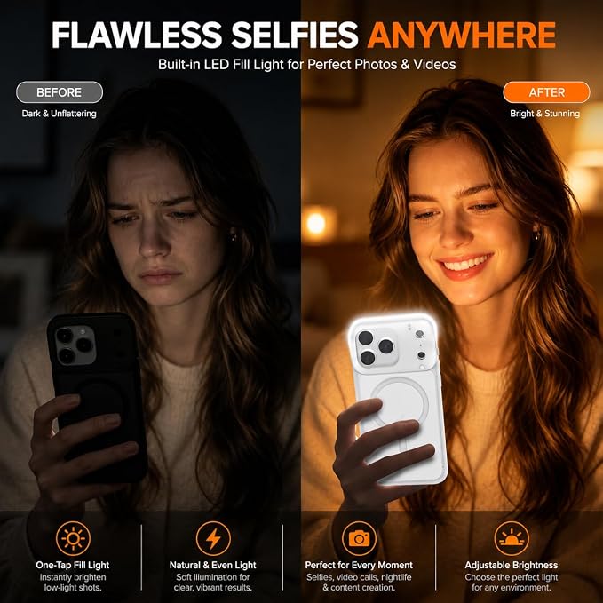 tesha Selfie Light Case for iPhone 17 Pro Max, MagSafe, Camera Detector | 2-Level LED Brightness, IR Hidden Camera Scanner, Drop Protection, Rechargeable Light Up Cover, No APP Needed for Video Vlog - Image 2
