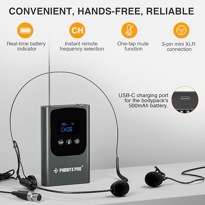 Phenyx Pro Single Digital Headset/Lapel/Lavalier Microphone System PDP-1-1B | Bodypack Transmitter, Mini Receiver, 15 Channels, Hands-Free Vocals, Karaoke, Church Services, Weddings, 900MHz - Image 4