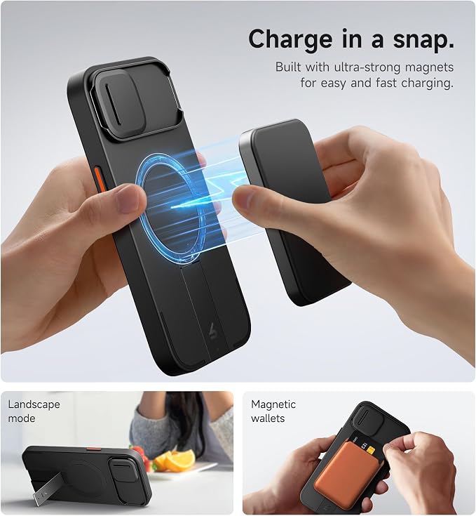 SURITCH for iPhone 15 Case with Magnetic Camera Slide Cover and Adjustable Kickstand, Compatible with MagSafe, Shockproof Bumper Case Slim Protective Cover 6.1 Inch, Black - Image 3