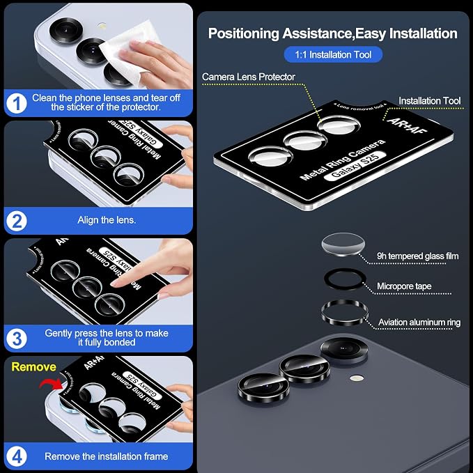 for Samsung Galaxy S25 Camera Lens Protector, Individual Metal Ring Tempered Glass Lens Cover, [Strong Adsorption] Scratch Resistant Ultra-Thin HD Clear Lens Cover, 1 Set-Black Ring - Image 6