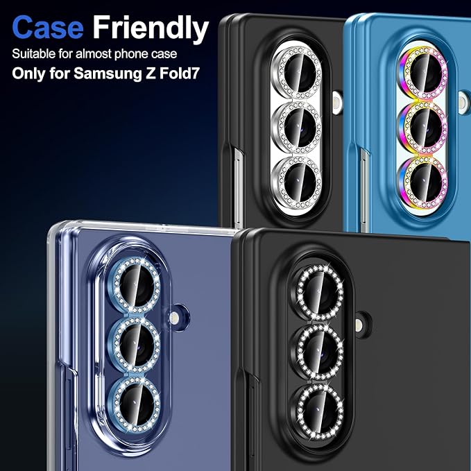 for Samsung Galaxy Z Fold 7 Camera Lens Protector, Individual Metal Ring Tempered Glass Lens Cover, [Strong Adsorption] Scratch Resistant Ultra-Thin HD Clear Lens Cover, 1 Set-Colorful Diamond - Image 7