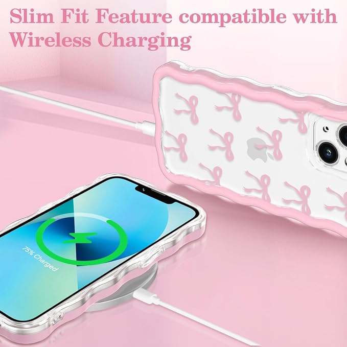 QLTYPRI for iPhone 14 Plus/15 Plus Pink Bow Case,Clear Cute Pink Ribbon Bow Phone Case Curly Wavy Aesthetic Phone Cover,Soft Slim Transparent TPU Shockproof Protective Cover for Women Girls-Ribbon Bow - Image 5