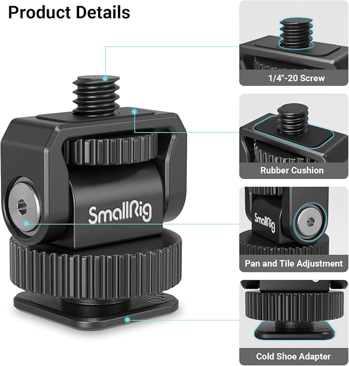 SmallRig Mini Ball Head Cold Shoe Mount Adapter with 1/4"-20 Thread - 3577 | 1/4" Thread to Cold Shoe Adapter, Ball Head for Angle Adjustment, Mounts on Camera/Phone Cage for LED Light - Image 4