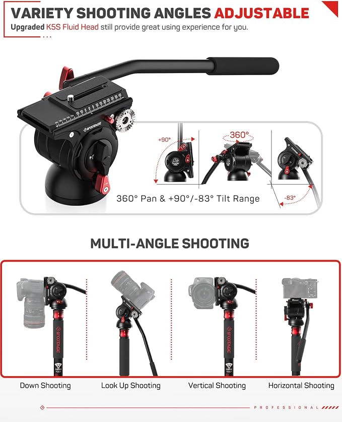 IFOOTAGE Cobra 3 C180F-P + K5S Fluid Head Carbon Fiber Monopod | Monopod with Feet for DSLR Cameras Canon Nikon Sony Olympus Panasonic, Maximum Height 71", Payload 17.64Lbs/8KG - Image 4