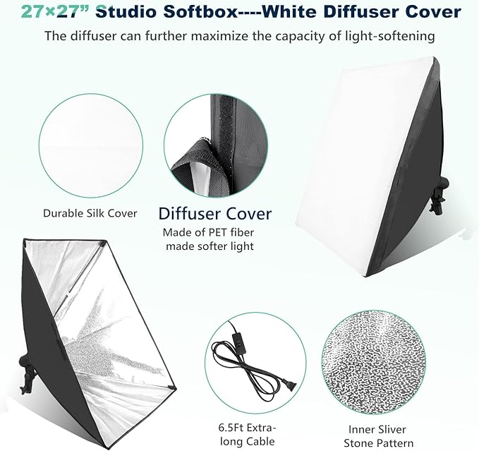 Torjim Softbox Photography Lighting Kit, 2Pcs 27" x 27" Professional Soft Box | 3000K-7500K 85W LED Bulbs with Remote, Photography Continuous Lighting Kit for Studio Lights, Portrait, Video Recording - Image 5