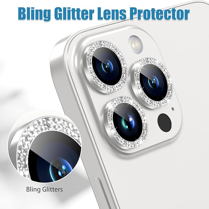 AGVEE 3+3 6 Pack for iPhone 15 Pro & Max Camera Lens Protector Cover | Individual Bling Diamond & Bling Glitter Sparkle Cute Gem Metal Ring, 9H Tempered HD Glass - Image 5