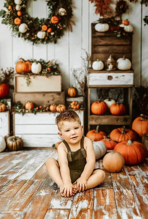 Kate Fall Backdrops White Background Autumn Party Decorations Pumpkins Thanksgiving Festival Photo Backdrop, 8x8ft - Image 2