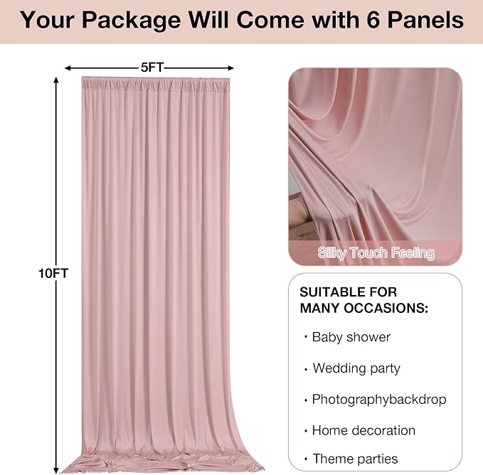 30ftx10ft Wrinkle Free Dusty Pink Backdrop Curtains for Parties, Silky Polyester Photo Backdrop Drapes 6 Panels 5x10ft Back Drop Cloth for Wedding Birthday Baby Shower Photography Background - Image 6