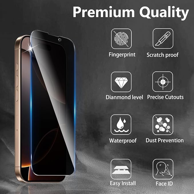 3+3 Pack Privacy Screen Protector Designed for iPhone 16 Pro Max With 3 Pack Camera Lens Protector,Full Coverage Anti-Spy Tempered Glass Film,9H Hardness,Bubble Free,Easy to Install - Image 3