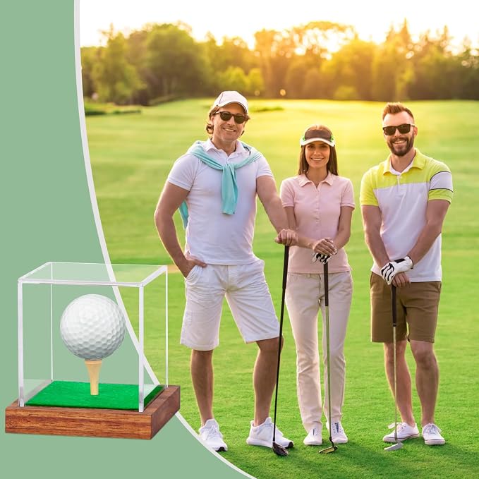 2 Pack Clear Acrylic Golf Ball Display Case with Wood Base & Tee, Memorabilia Stand Cube Holder, Dust Protection Transparent Storage Box for Single Ball Souvenir Golfball Collections - Image 3