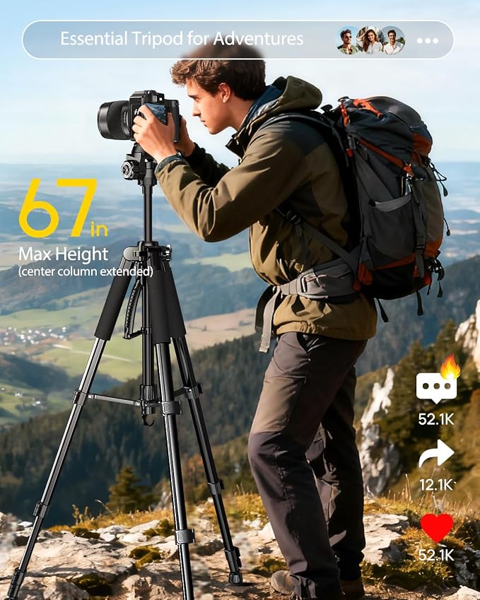UBeesize 67” Camera Tripod with Travel Bag, Cell Phone Tripod with Bluetooth Remote and Phone Holder, Compatible with All Cameras, Cell Phones, Projector, Webcam, Spotting Scopes - Image 2