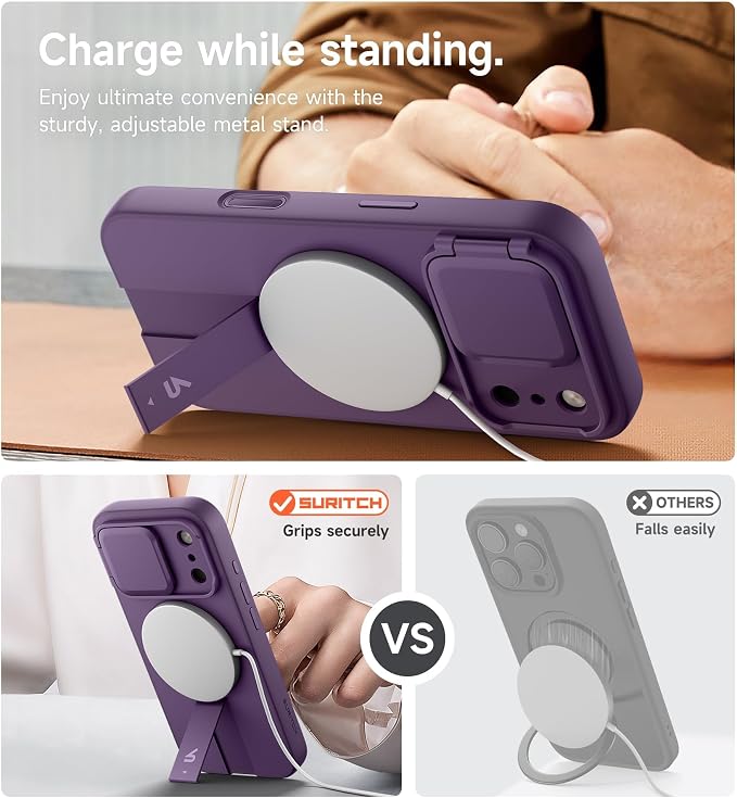 SURITCH for iPhone 17 Pro Case with Camera Control Cover, Camera Cover and Adjustable Kickstand, Compatible with MagSafe, Shockproof Bumper Protective Cases 6.3 Inch, Dark Purple - Image 5