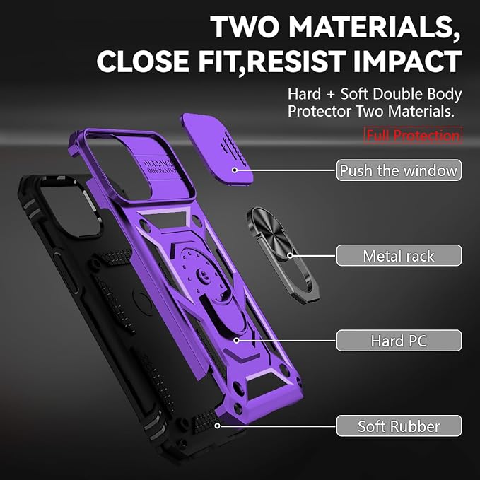 HNHYGETE for iPhone 13 Case with HD Screen Protector: [Military Grade 20ft. Drop Tested] Slide Camera Cover Ring Shockproof Protective Phone Case for - iPhone 13 (Purple) - Image 5