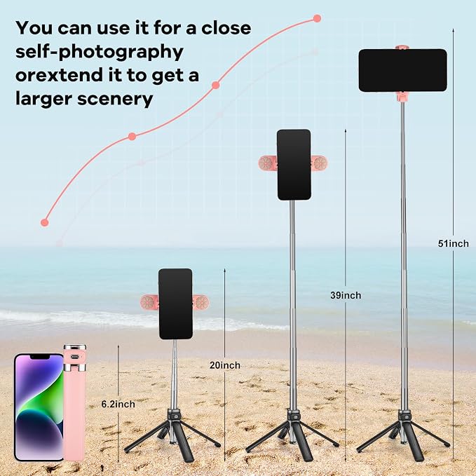 Mini Phone Tripod Stand,MQOUNY 38" Phone Tripod &Selfie Stick with Wireless Rechargeable Remote & Removable Light, Extendable Tripod Stand 360 Rotation Compatible with Phone&Android (MEI-Pink) - Image 6