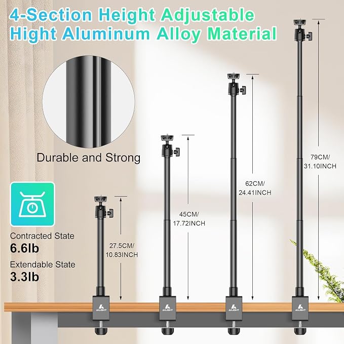 Ailight Desk Stand for Live Streaming, Adjustable Mount with Phone Holder | 1/4" Screw, Ball Head & C Clamp, for Camera/Phone/Webcam, Tool-Free Setup for Vlogging/Recording - Image 4
