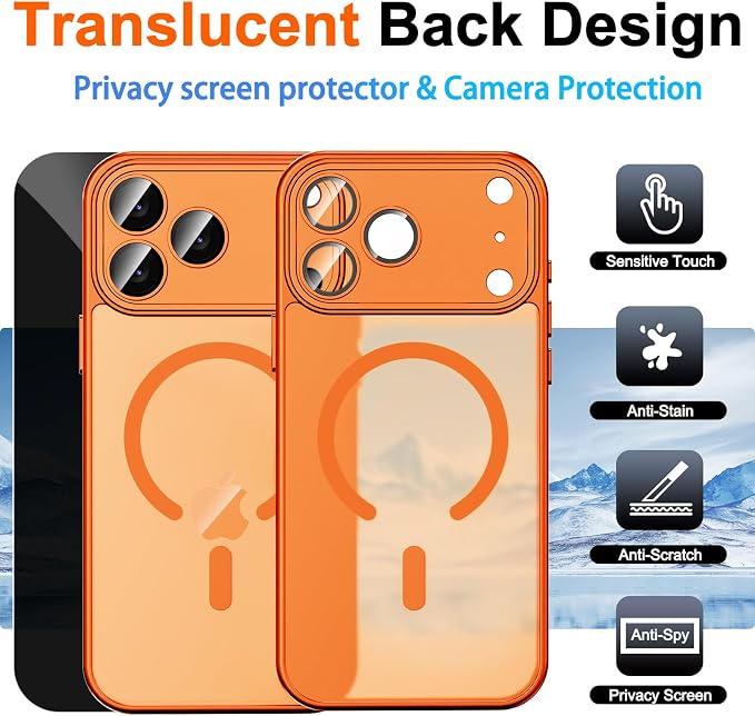 for iPhone 17 Pro Case with Privacy Screen Protector, Orange | Full Camera Protection, Compatible with MagSafe, Magnetic Translucent Matte Shockproof Phone Cover for iPhone 17 Pro - Image 2