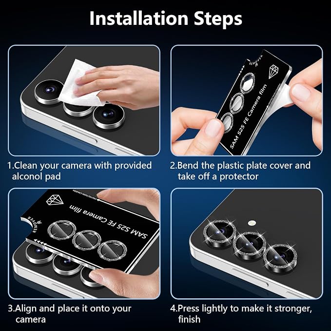 for Samsung Galaxy S25 FE Camera Lens Protector, Individual Metal Ring Tempered Glass Lens Cover, [Strong Adsorption] Scratch Resistant Ultra-Thin HD Clear Lens Cover, 1 Set-Black Sparkly - Image 7